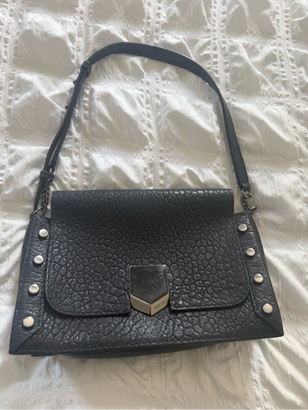 Jimmy Choo Black Textured Leather Shoulder Bag with Silver Hardware